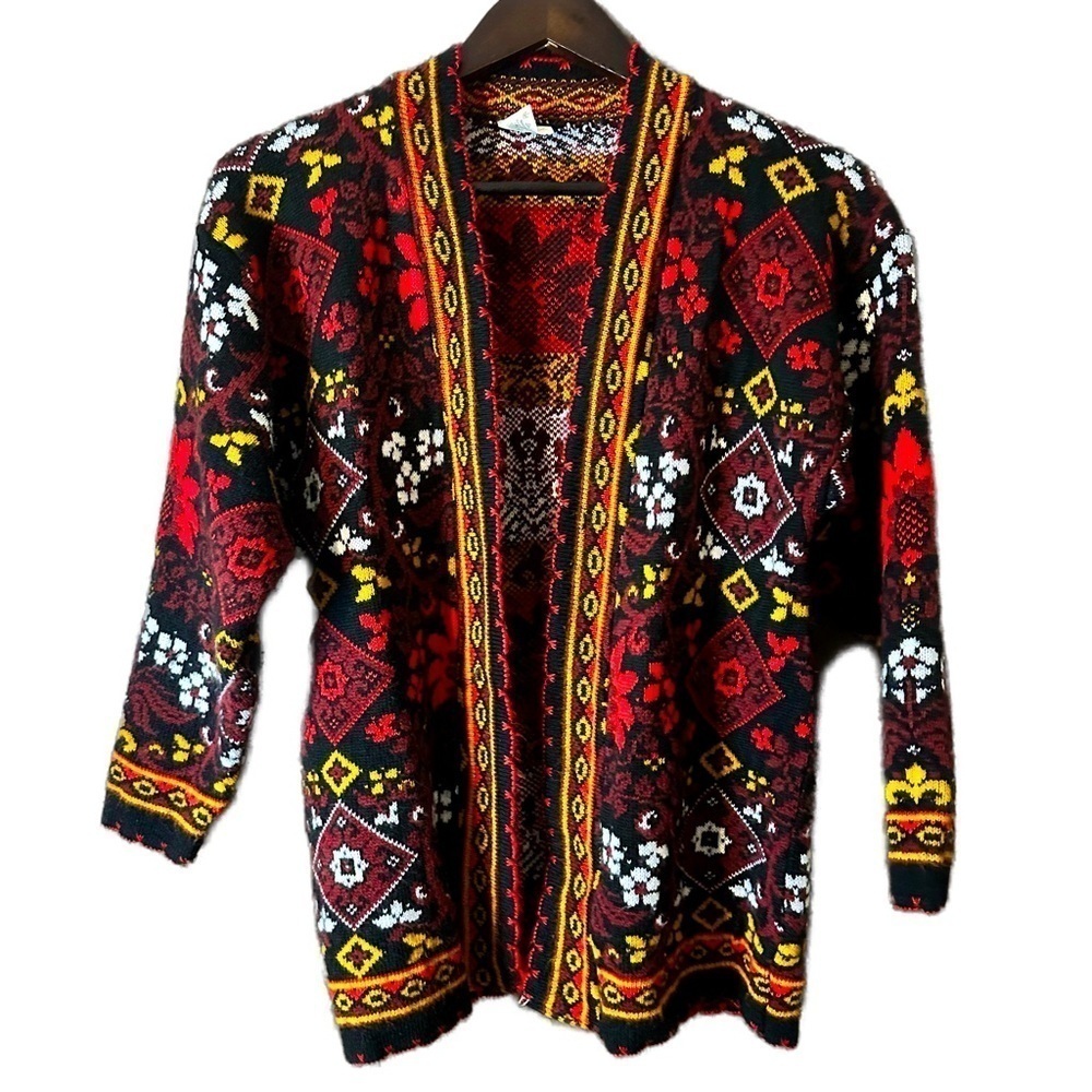 Vintage Acrylic Floral Diamond Boho Aztec Cottage-core Open Cardigan Size Medium